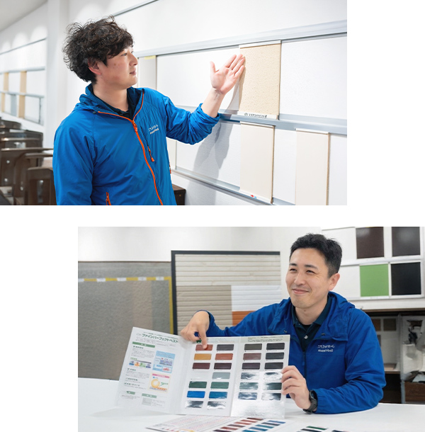 ショールームで専門スタッフがカラーシミュレーションや塗料を説明している様子