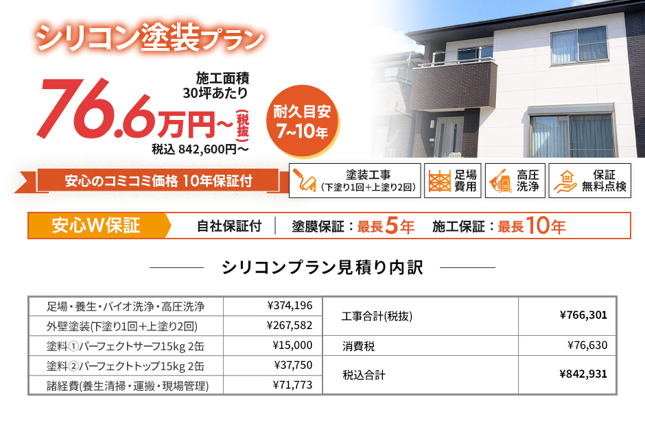 シリコン塗装プラン 76.6万円〜（税抜）税込842,600円〜施工面積30坪あたり 耐久目安7〜10年