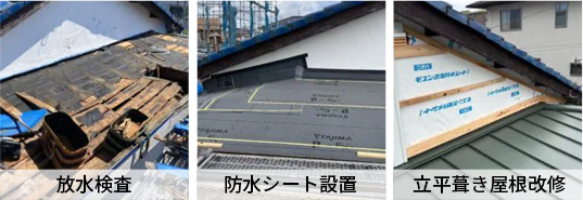 放水検査・防水シート設置・立平葺き屋根改修による屋根雨漏り修理の施工工程